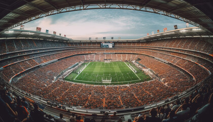 Crowded bleachers cheer successful championship team performance outdoors generated by AI