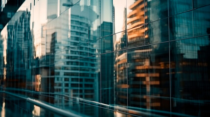 Background of future urban and corporate architecture. Real estate idea with bokeh, motion blur, and a reflection in a glass panel of a skyscraper facade. Generative AI