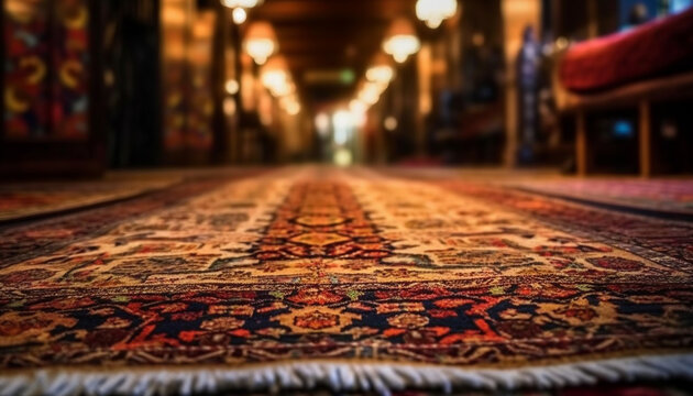 Turkish kilim rug, vibrant patterns illuminate room generated by AI