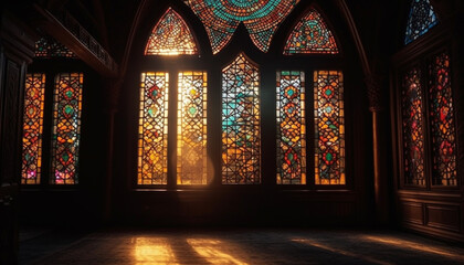 Fototapeta na wymiar Illuminated stained glass windows depict ancient spirituality generated by AI