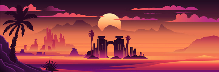 Fantasy futuristic desert landscape, neon sunset, palm trees, clouds, oasis, island. Ancient ruins in the desert, old city. Flat vector illustration
