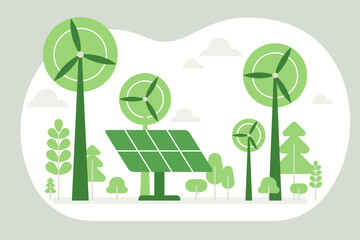 Green economy and renewable energy concept in flat vector illustration. Solar electric panels and wind turbines. Sustainable power plants for clean earth environment