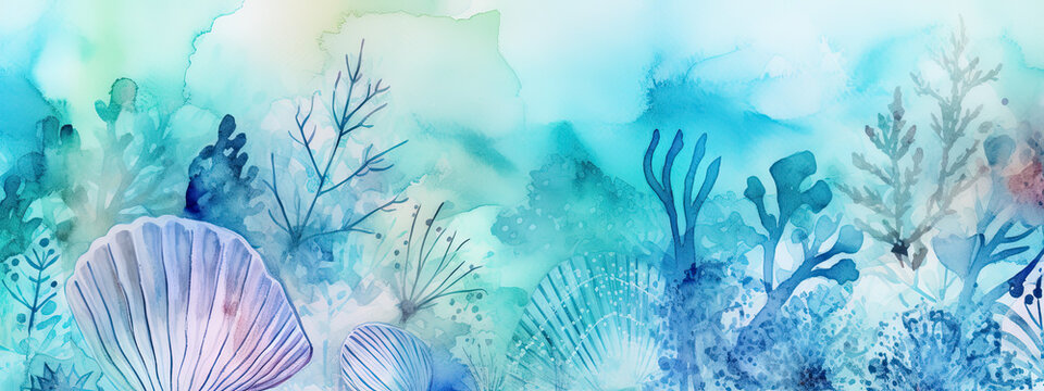Watercolor border with colorful abstract seashells - Generative AI 