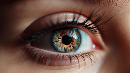 Obraz premium Close up detail beautiful female eye macro, fashion naturel makeup. Generative AI