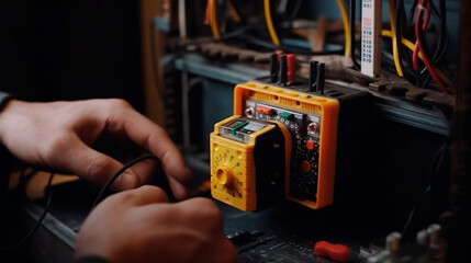 Detail close up of Electrician installing electric cable wires and fuse switch box with multimeter in hands. Generative AI