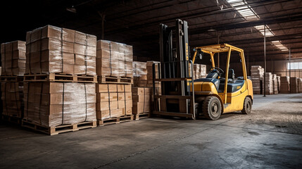 Forklift loads pallets and boxes in warehouse. Generative AI