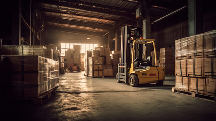 Fototapeta na wymiar Forklift loads pallets and boxes in warehouse. Generative AI