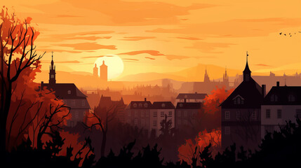 A childish style vector illustration of the city of Munich at sunset. orange and black colors. made with artificial intelligence. - obrazy, fototapety, plakaty