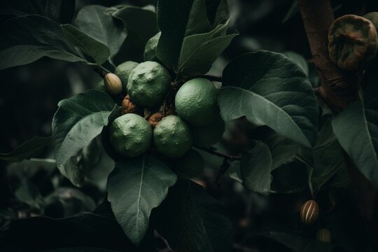 Picture of a tree with oval-shaped leaves and green fruit that is small, round, and edible. Generative AI