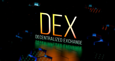 DEX Decentralized exchange concept.DEX neon letters glowing on background with reflection.Decentralized EXchange various crypto currency network.3D render