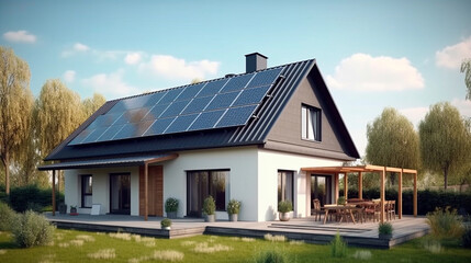 Photovoltaic or solar panels on a detached home with a yard in front of a beautiful sky. Generative AI