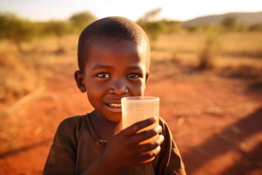 Drought, lack of water problem. Smiling child in Africa close-up with cup of water