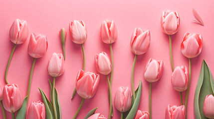 Spring tulip flowers on pink background top view in flat lay style. Greeting for Womens or Mothers Day or Spring Sale Banner. Generative AI