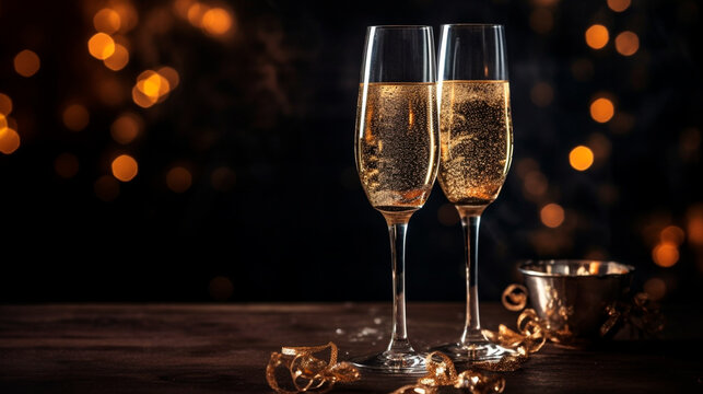 Two glasses of champagne, New Year's Eve party. Generative AI