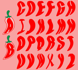 Alphabet uppercase in chili shapes. Isolated vector illustration in chili shapes. English alphabet capital letters of chili. Colorful letters vector alphabet set on chili shapes