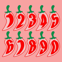 Numbers  in chili shapes. Isolated vector illustration in chili shapes. Numbers of chili shapes. Colorful numbers vector alphabet set on chili shapes
