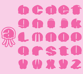 Alphabet  in jellyfish shapes. Isolated vector illustration in jellyfish shapes. English alphabet  letters of jellyfish shapes. Colorful letters vector alphabet set on jellyfish shapes