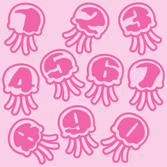 Numbers  in jellyfish shapes. Isolated vector illustration in jellyfish shapes. Numbers of jellyfish shapes. Colorful numbers vector alphabet set on jellyfish shapes