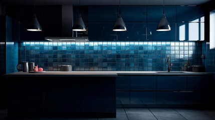 Fototapeta na wymiar Modern minimalist kitchen with stainless steel appliances and a dark blue backsplash. Generative AI