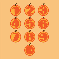 Numbers  in orange shapes. Isolated vector illustration in orange shapes. Numbers of orange shapes. Colorful numbers vector alphabet set on orange shapes