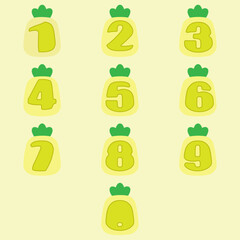 Numbers  in pineapple shapes. Isolated vector illustration in pineapple shapes. Numbers of pineapple shapes. Colorful numbers vector number set on pineapple shapes