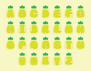 Alphabet uppercase in beet pineapple shapes. Isolated vector illustration in pineapple shapes. English alphabet capital letters of pineapple. Colorful letters vector alphabet set on pineapple shapes
