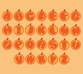Alphabet uppercase in orange shapes. Isolated vector illustration in orange shapes. English alphabet capital letters of orange. Colorful letters vector alphabet set on orange shapes