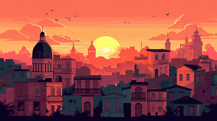 A childish style vector illustration of the city of Buenos Aires at sunset. orange and black colors. made with artificial intelligence. - obrazy, fototapety, plakaty