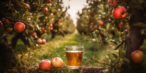 Fotobehang Apples and apple juice on orchard background, eco organic and vegan natural nutrition drink, healthy food © AdamantiumStock