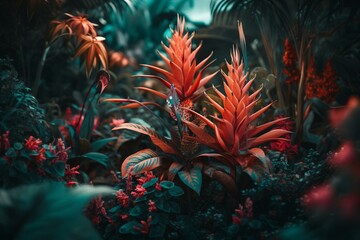 Naklejka na ściany i meble Surreal tropical flora and fauna in abstract setting. Generative AI