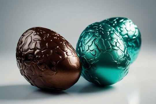 Chocolate Easter eggs in green and turquoise foil on white background. 3D model. Generative AI