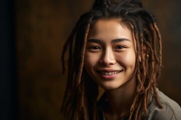 Portrait of a happy smiling pretty Asian woman with dreadlocks. AI generated, human enhanced
