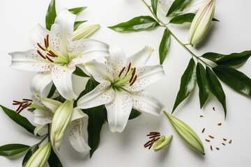 Lilies isolated on white, with leaves, flat lay, top view, copy space. Generative AI