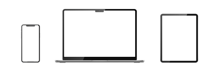 Set of laptop, tablet, phone on transparent background with transparent screen. Png illustration.