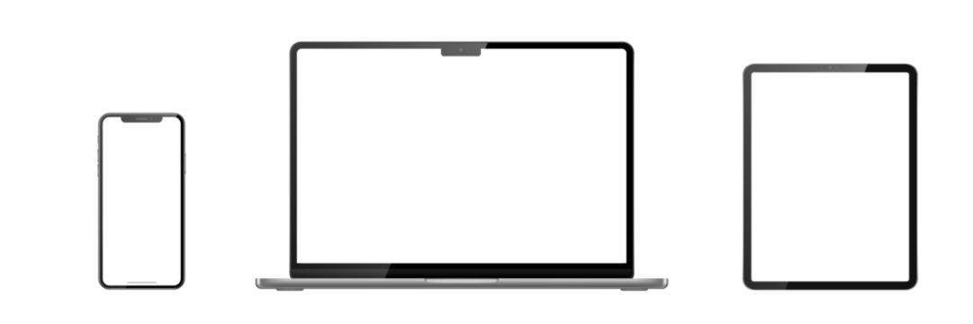 Set of laptop, tablet, phone on transparent background with transparent screen. Png illustration.