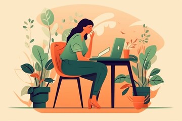 Fototapeta na wymiar Business woman with laptop sitting on the chair. Freelance or working concept. Cute illustration in flat style. AI generative