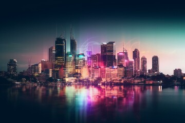 Fototapeta na wymiar Gradient landmarks of Brisbane skyline in transparent layers. Generative AI