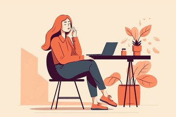 Business woman with laptop sitting on the chair. Freelance or working concept. Cute illustration in flat style. AI generative