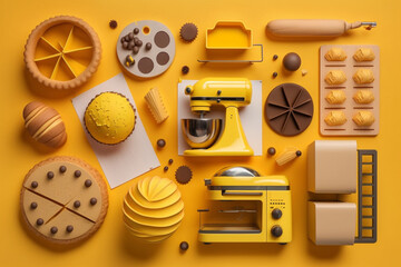 Flat lay view of bakery equipment tools isolated on a yellow background. Generative AI.