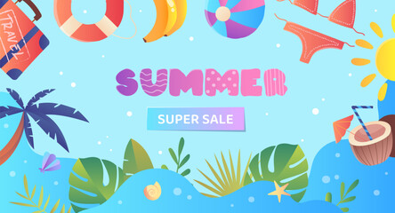 Summer super sale banner. Advertising graphic element for website. Life buoy, rubber ball, swimsuit and suitcase. Holiday and vacation, journey. Special limited offer. Cartoon flat vector illustration