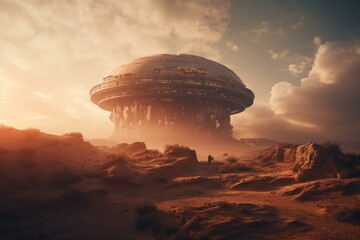 Sci-fi landscape with a futuristic mushroom cloud shaped building, set on mars-like planet. Generative AI