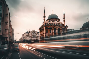 Fototapeta na wymiar Stunning blurry urban landscape with prominent mosque, church, or dome building. Generative AI