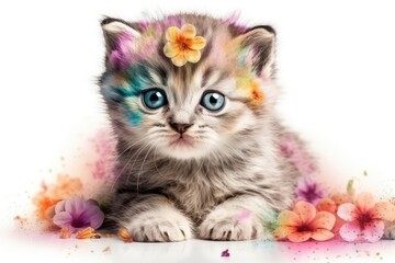 Cute Baby kitten floral, kawaii cute big eye, multicolor spring flowers.