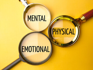Magnifying glass with the word MENTAL PHYSICAL EMOTIONAL