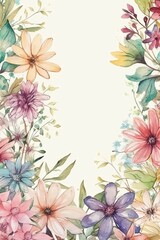 Beautiful small spring flowers and leaves border, rectangle, watercolour style, copy space. AI generative