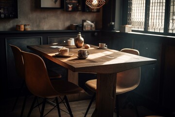 Fototapeta na wymiar Table and seats for a café. Generative AI