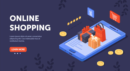 Online shopping concept. Smartphone with gift bags and boxes, gold coins. Electronic commerce, advertising and marketing on Internet. Landing page design. Cartoon isometric vector illustration