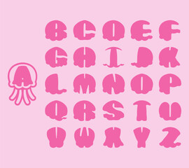 Alphabet uppercase in jellyfish shapes. Isolated vector illustration in jellyfish shapes. English alphabet capital letters of jellyfish. Colorful letters vector alphabet set on jellyfish shapes