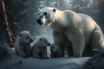 Obraz na płótnie Canvas Computer-generated illustration of a nursing polar bear and her cubs. Generative AI