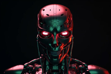 Fototapeta premium humanoid android robot with artificial intelligence, evil bad eyes, metallic body. Generative AI
